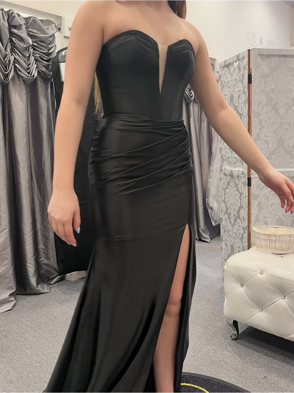 JVN by Jovani Black Strapless Satin Gown with Sweetheart Neckline and Thigh Slit